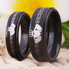 Couple's Matching Set of 6mm and 8mm Claddagh Style Engraved King and Queen Black Tungsten Carbide Rings