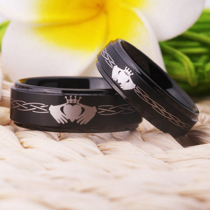 Couple's Matching Set of 6mm and 8mm Claddagh Style Engraved King and Queen Black Tungsten Carbide Rings