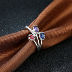 Women's White Gold Plated CZ Crystal Tricolor Bouquet Ring