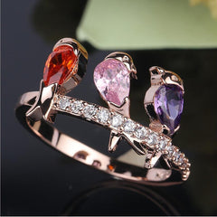 Women's Three Perched Birds CZ Rose Gold Plated Ring