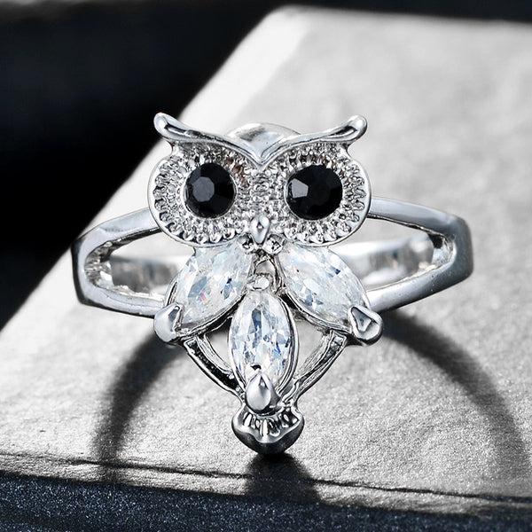 Women's Owl Silver and Gold Plated CZ Crystal Ring