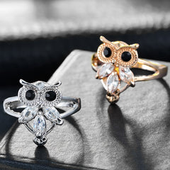 Women's Owl Silver and Gold Plated CZ Crystal Ring