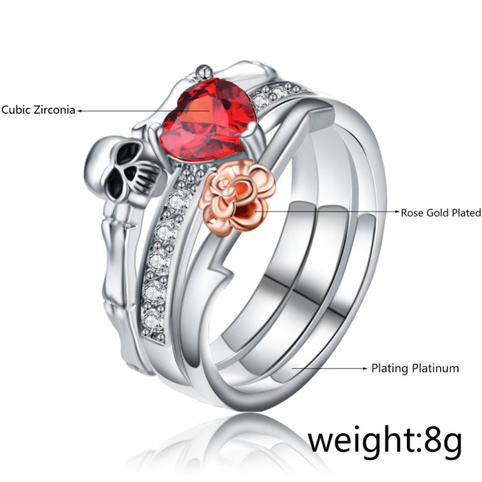 Women's Skull Heart CZ Crystal Rose Titanium Plated Ring
