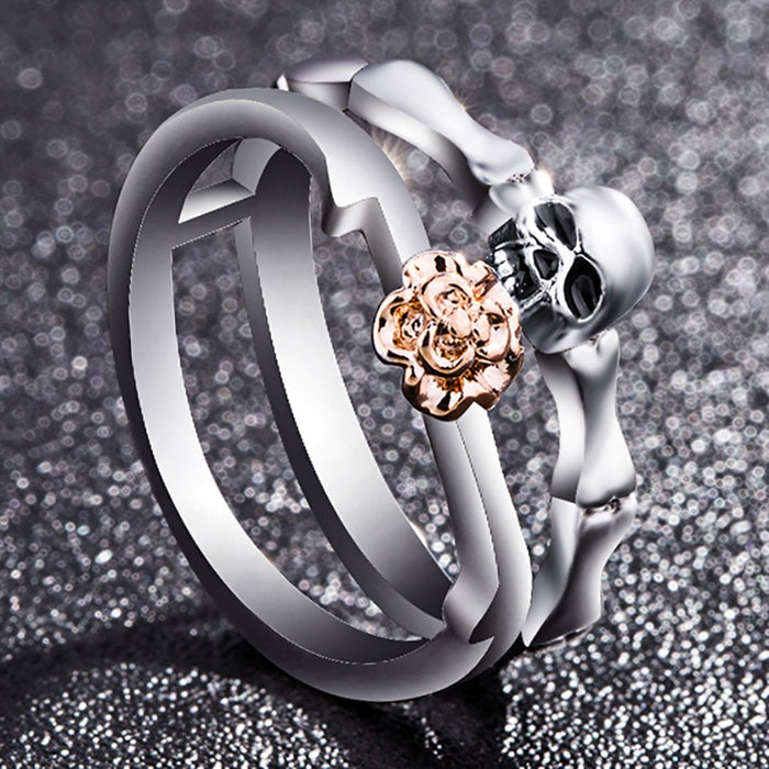 Women's Skull Heart CZ Crystal Rose Titanium Plated Ring