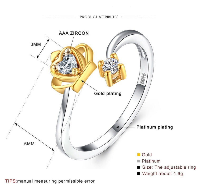 Women's Adjustable Heart Platinum and Gold Plated Open Band CZ Ring