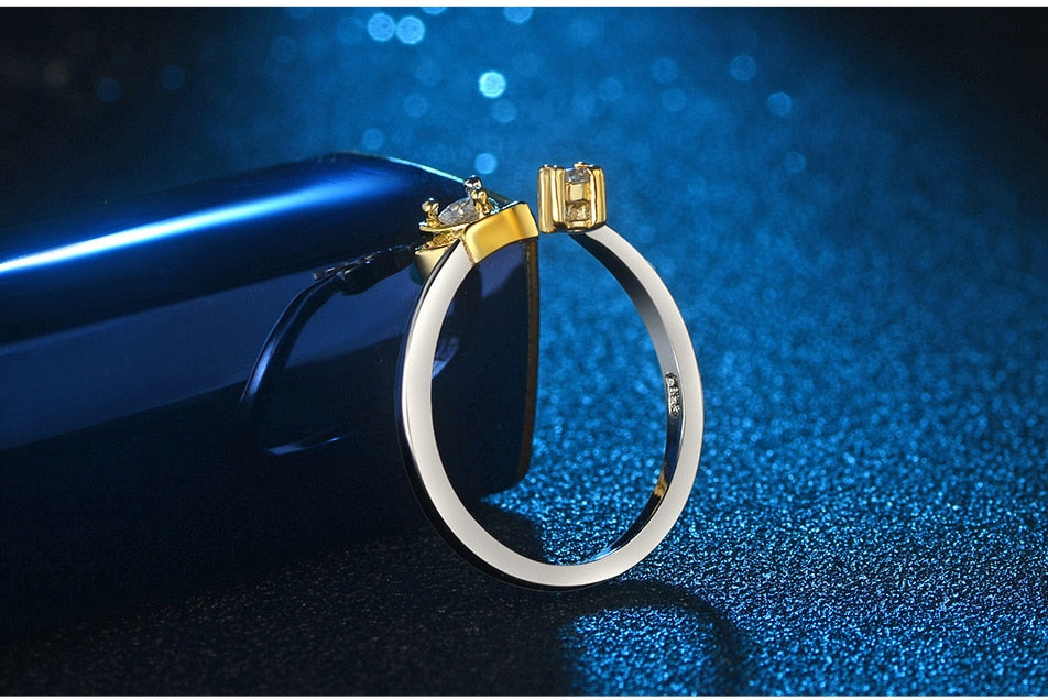 Women's Adjustable Heart Platinum and Gold Plated Open Band CZ Ring