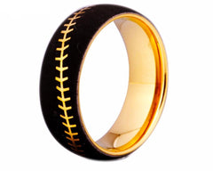 Men's 8mm Baseball Stitch Black and Gold Inner Tungsten Carbide Ring