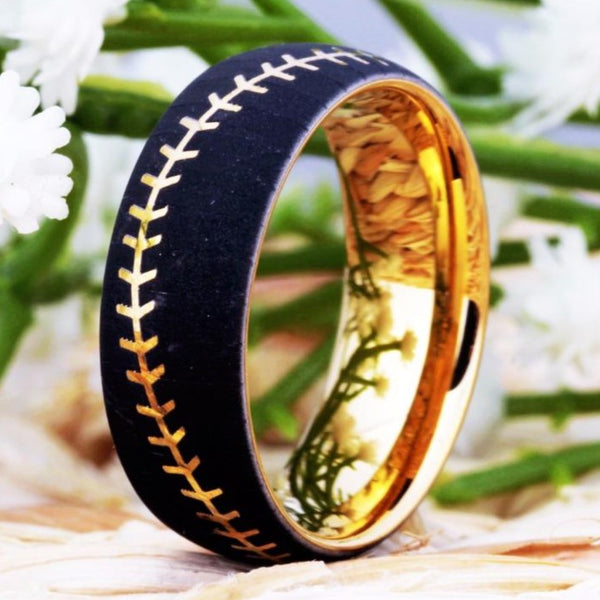 Men's 8mm Baseball Stitch Black and Gold Inner Tungsten Carbide Ring