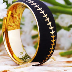 Men's 8mm Baseball Stitch Black and Gold Inner Tungsten Carbide Ring