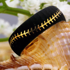 Men's 8mm Baseball Stitch Black and Gold Inner Tungsten Carbide Ring