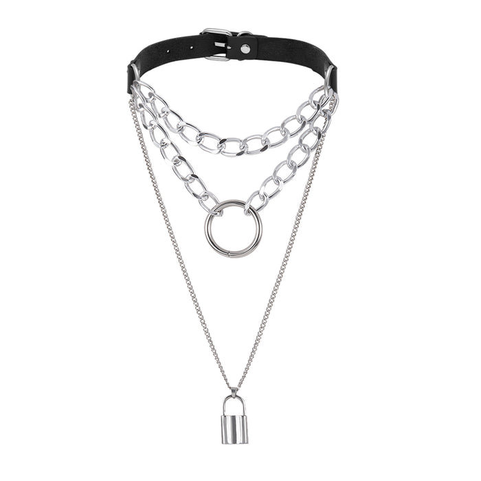 Women's Punk Gothic Leather Multi Layer Love Lock Choker Necklace