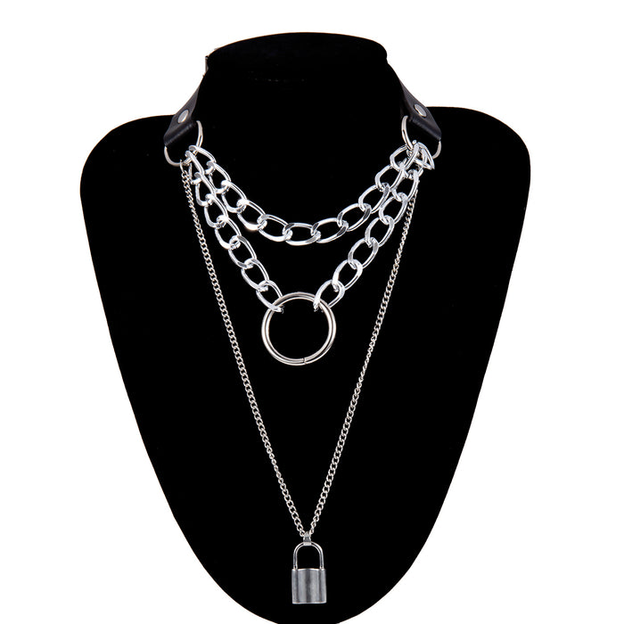 Women's Punk Gothic Leather Multi Layer Love Lock Choker Necklace