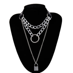 Women's Punk Gothic Leather Multi Layer Love Lock Choker Necklace