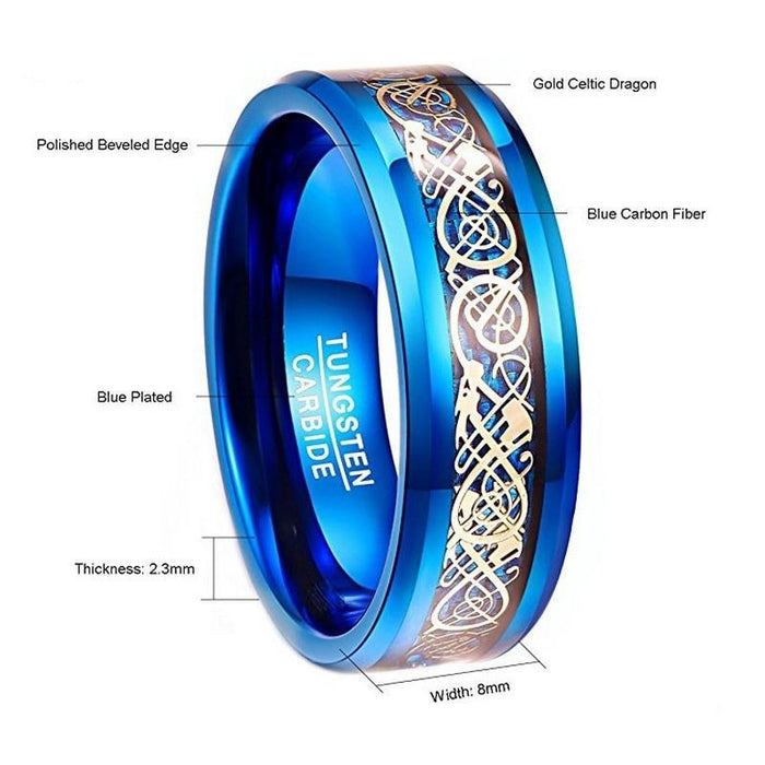 Men's 8mm Bright Blue Gold Dragon Inlay Tungsten Carbide Ring