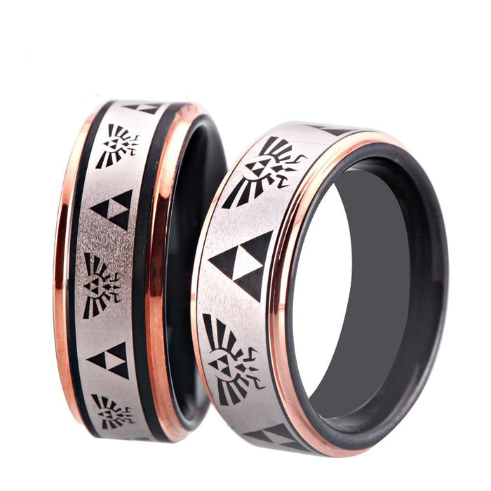 Couple's Matching Set of 6mm and 8mm Legend of Zelda Engraved Rose Gold Tungsten Carbide Rings