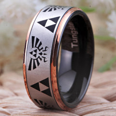 Couple's Matching Set of 6mm and 8mm Legend of Zelda Engraved Rose Gold Tungsten Carbide Rings