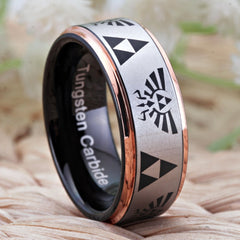 Couple's Matching Set of 6mm and 8mm Legend of Zelda Engraved Rose Gold Tungsten Carbide Rings