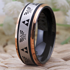 Couple's Matching Set of 6mm and 8mm Legend of Zelda Engraved Rose Gold Tungsten Carbide Rings