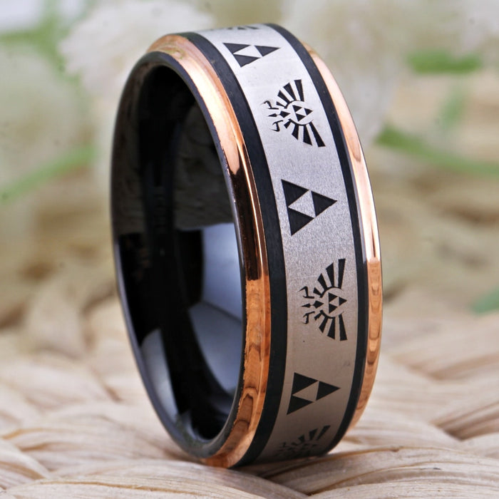 Couple's Matching Set of 6mm and 8mm Legend of Zelda Engraved Rose Gold Tungsten Carbide Rings