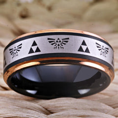 Couple's Matching Set of 6mm and 8mm Legend of Zelda Engraved Rose Gold Tungsten Carbide Rings