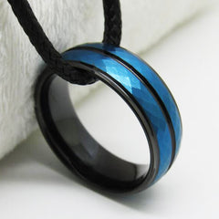 Men's 8mm Hammered Blue Bevel Black Tungsten Carbide Ring