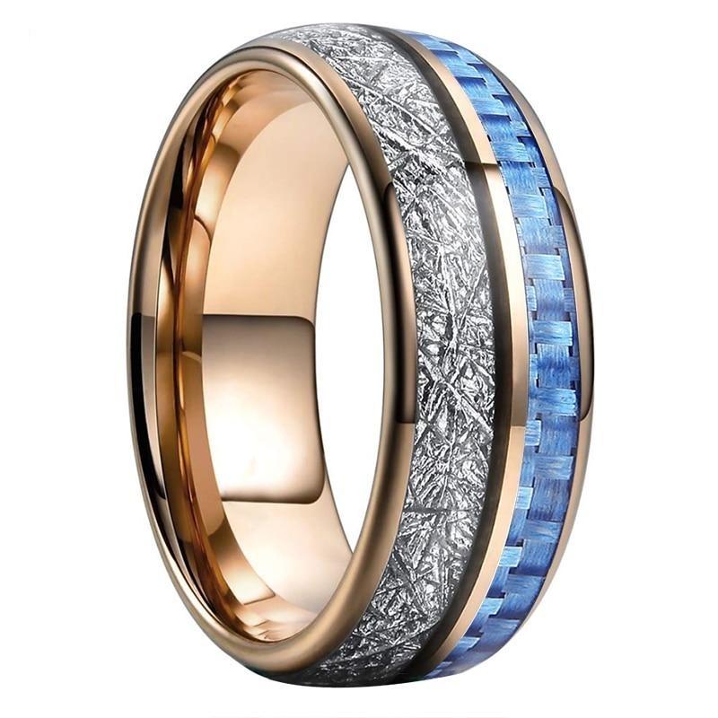 Men's 8mm Blue Stone and Meteorite Inlay Rose Gold Dome Tungsten Carbide Ring