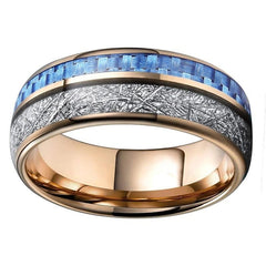 Men's 8mm Blue Stone and Meteorite Inlay Rose Gold Dome Tungsten Carbide Ring