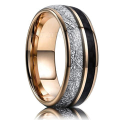 Men's 8mm Meteorite and Carbon Fiber Inlay Rose Gold Tungsten Carbide Ring