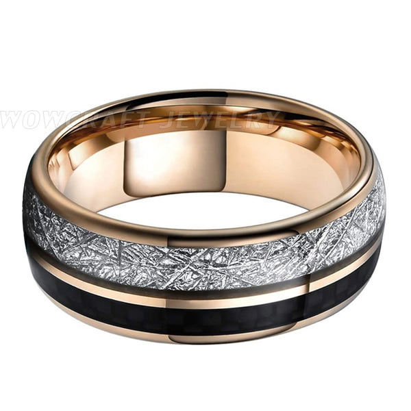 Men's 8mm Meteorite and Carbon Fiber Inlay Rose Gold Tungsten Carbide Ring