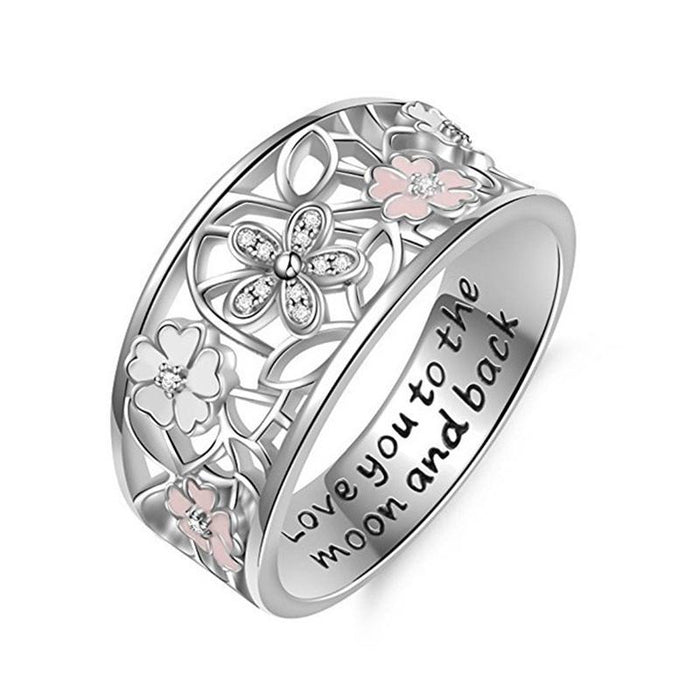 Women's Hollow Flower  'Love You to the Moon and Back' Silver Plated Ring