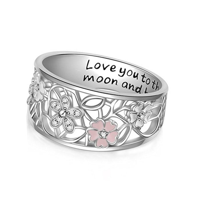 Women's Hollow Flower  'Love You to the Moon and Back' Silver Plated Ring