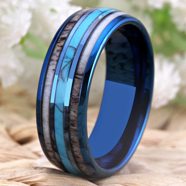 Men's 8mm Grey Stone and Turquoise Inlay Blue Tungsten Carbide Ring