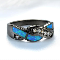 Women's Gunmetal Fire Blue Opal and CZ Ring