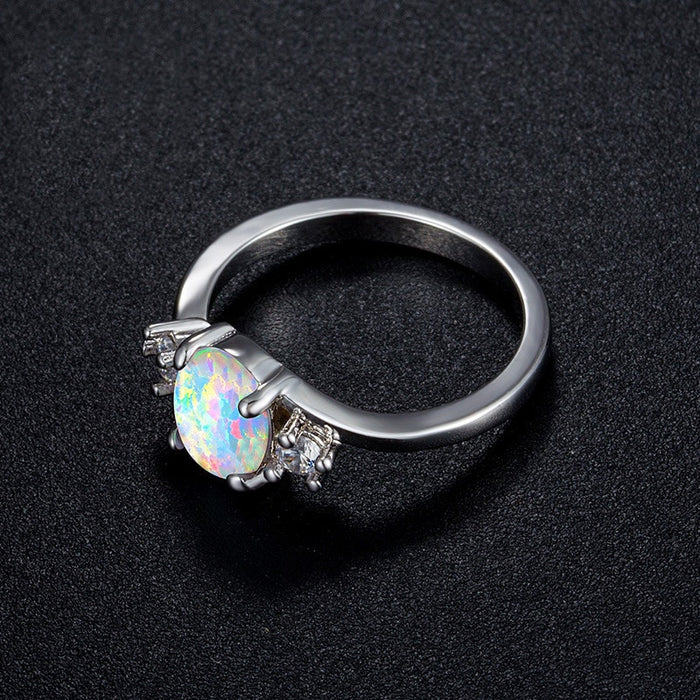 Women's Rainbow Opal and CZ Platinum Plated Ring