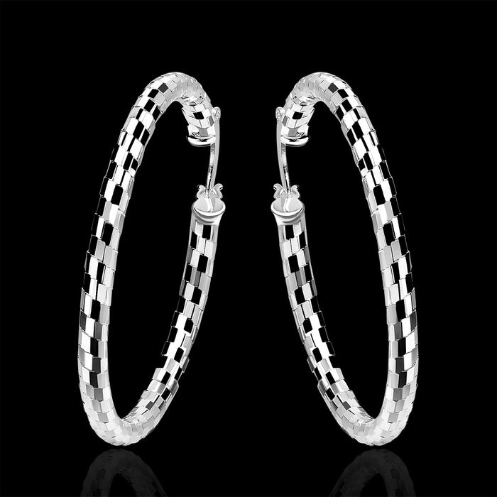 Women's CZ Checkered Silver Plated Classic Hoop Earrings