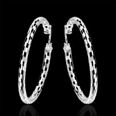 Women's CZ Checkered Silver Plated Classic Hoop Earrings