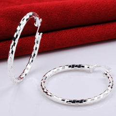 Women's CZ Checkered Silver Plated Classic Hoop Earrings