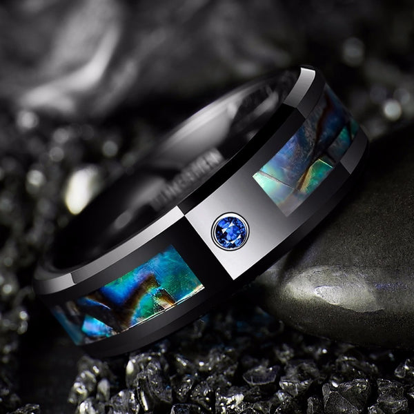 Men's 8mm Single Blue CZ and Shell Inlay Black Tungsten Carbide Ring