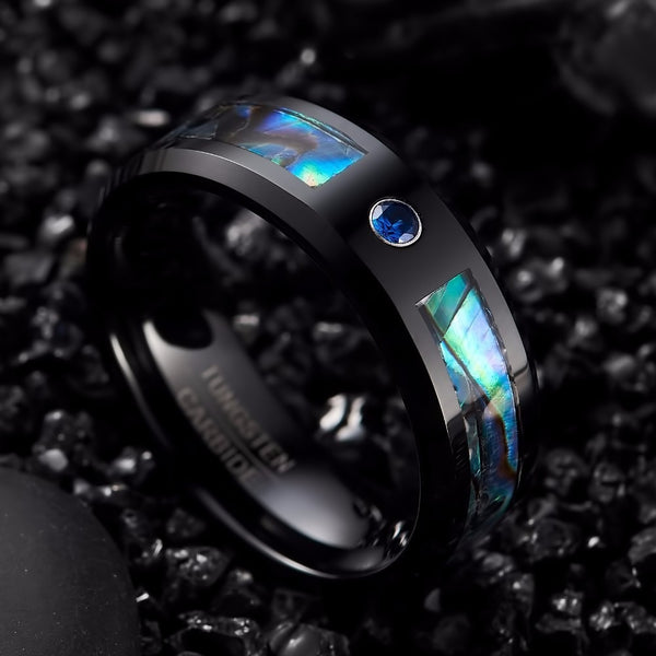 Men's 8mm Single Blue CZ and Shell Inlay Black Tungsten Carbide Ring