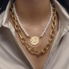 Women's Pearl Big Coin Pendant Metal Necklace