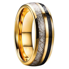 Men's 8mm Meteorite and Carbon Fiber Inlay Gold Tungsten Carbide Ring