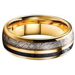 Men's 8mm Meteorite and Carbon Fiber Inlay Gold Tungsten Carbide Ring