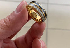 Men's 8mm Meteorite and Carbon Fiber Inlay Gold Tungsten Carbide Ring