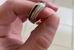 Men's 8mm Meteorite and Carbon Fiber Inlay Gold Tungsten Carbide Ring