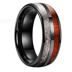 Men's 8mm Koa Wood and Meteorite Inlay Black Tungsten Carbide Ring