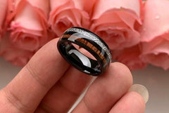 Men's 8mm Koa Wood and Meteorite Inlay Black Tungsten Carbide Ring