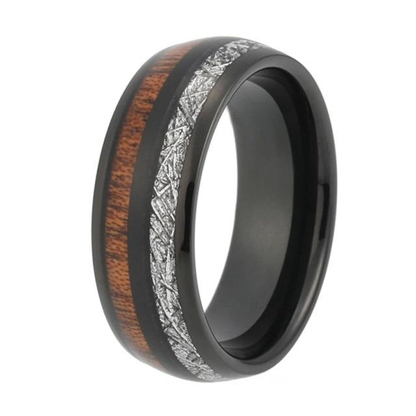 Men's 8mm Koa Wood and Meteorite Inlay Black Tungsten Carbide Ring