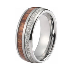 Men's 8mm Koa Wood and Meteorite Inlay Polished Silver Tungsten Carbide Ring