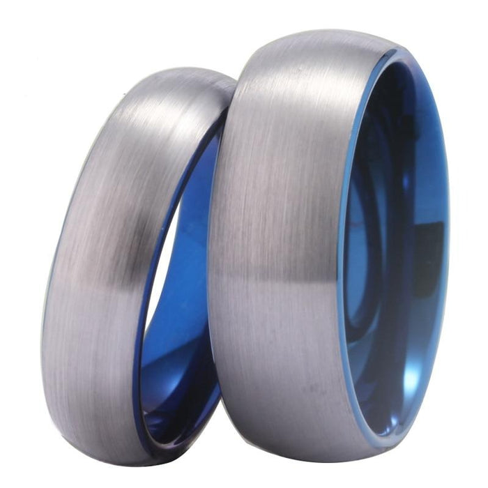 Couple's Matching Set of 6mm and 8mm Matte Silver and Blue Inner Tungsten Carbide Rings
