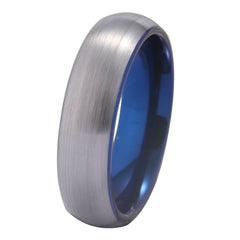 Couple's Matching Set of 6mm and 8mm Matte Silver and Blue Inner Tungsten Carbide Rings